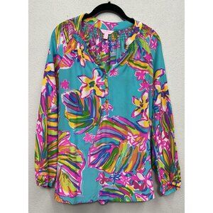 Lilly Pulitzer Elsa Top Blouse Womens Medium 100% Silk Multicolor Floral LS READ